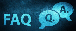 The letters FAQ are on blue background with Q and A letters inside talk bubble icons