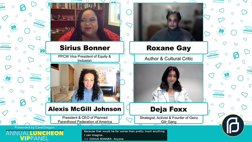 In a still image from a live stream, four panelists are shown together with their names and titles below their camera feeds