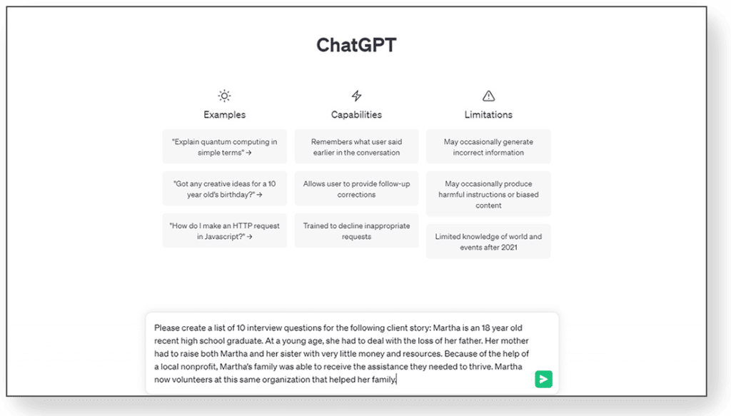ChatGPT home page with text entered in the prompt submission bar
