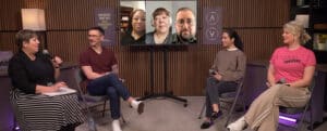 Six event planners and the podcast host discuss fundraising event trends in the studio. Three of the guests are on a monitor participating remotely