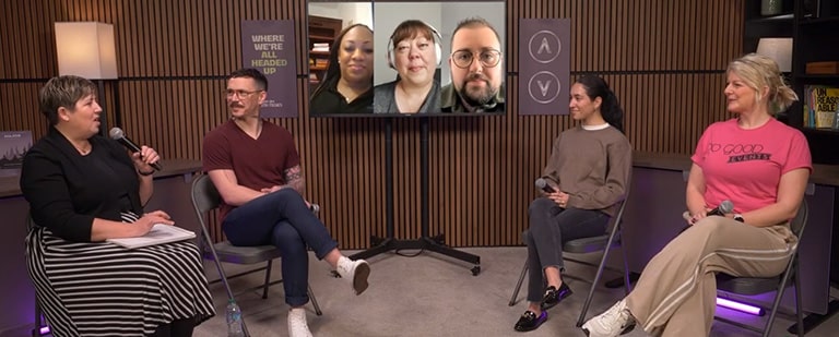 Six event planners and the podcast host discuss fundraising event trends in the studio. Three of the guests are on a monitor participating remotely